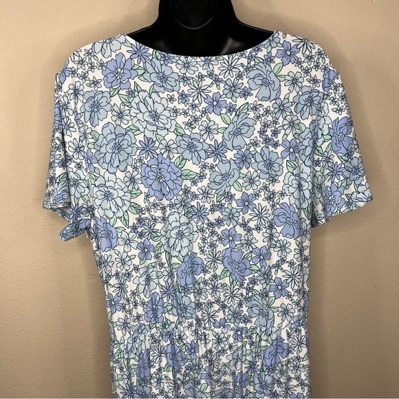 Blue Floral Romper High Low Skirt Back Short Sleeve Stretch V Neck - Picture 7 of 12